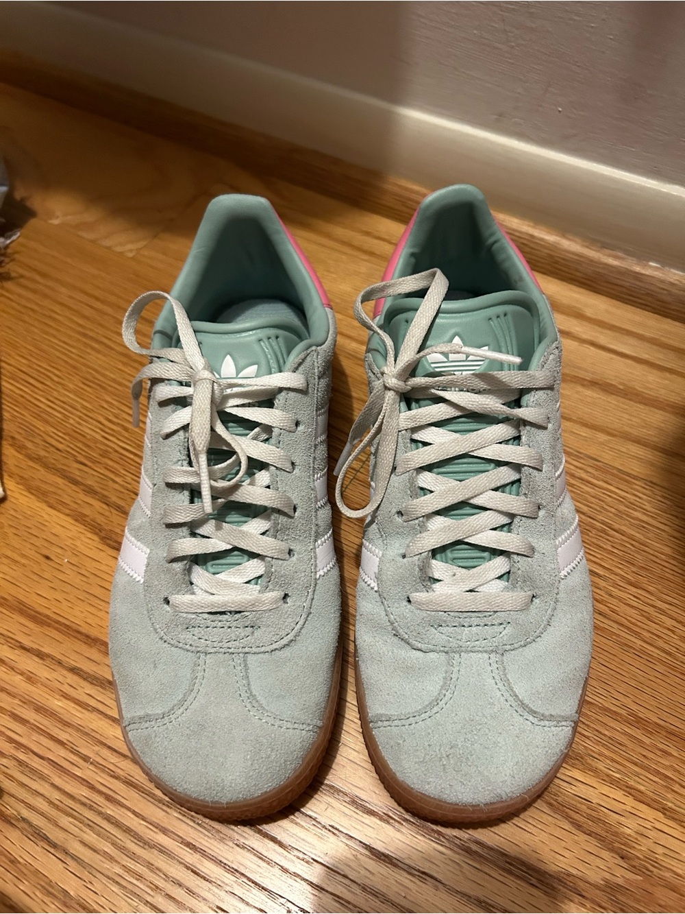 adidas Suede Sneakers in Mint Green with Pink Heel